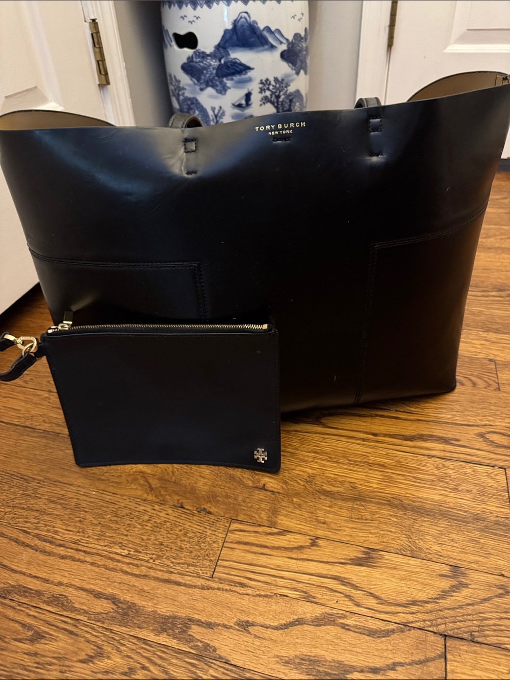 Tory Burch T Block Tote with Matching Black Zip Pouch
